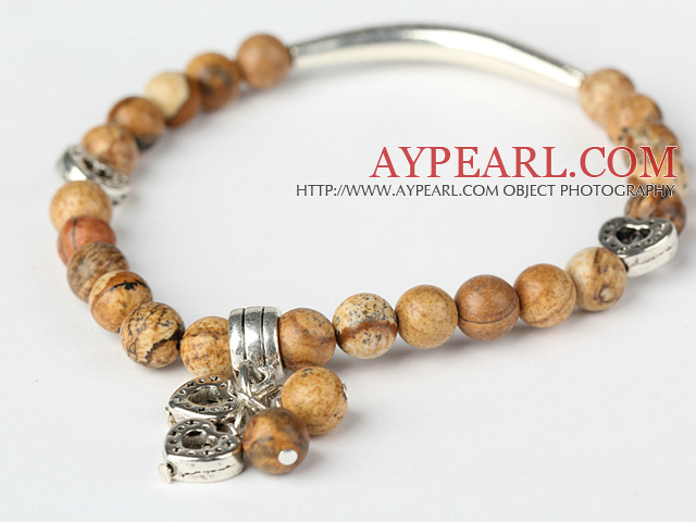 Trevlig runda Picture Jasper och Tibet Silver Tube Heart Charm Beaded Bracelet