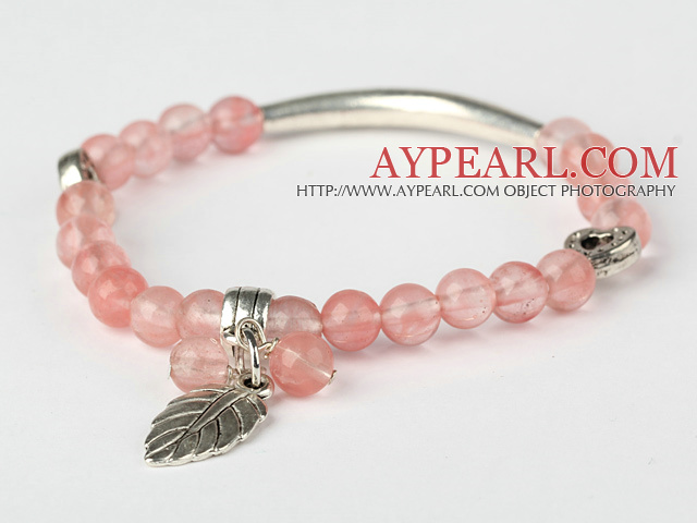 Dana rundan Cherry Quartz och Tibet Silver Tube Heart Leaf Charm Beaded Bracelet