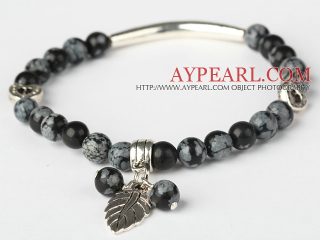 Fashion Round Black Alabaster and Tibet Silver Tube Heart Leaf Charm Beaded Bracelet
