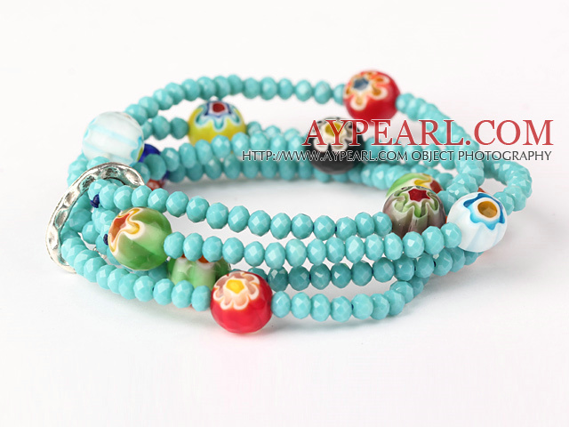 Fashion Multilayer Faceted Green Jade Crystal And Carved Colored Glaze Stretch Bracelet