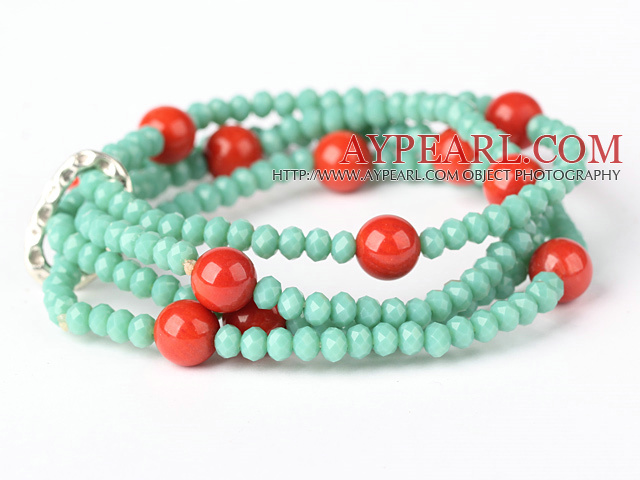 Fashion Multilayer Faceted Green Jade Crystal And Round Red Coral Stretch Bracelet