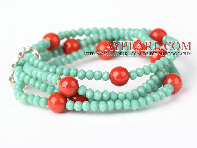 Mode Multilayer Fasett Grön Jade Crystal And Round Red Coral Stretch Bracelet