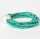 Fashion Multilayer Faceted Green Jade Crystal And Round White Seashell Beads Stretch Bracelet