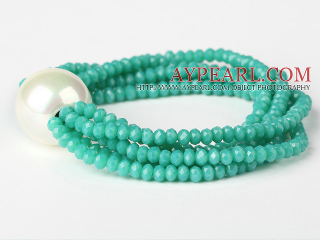 Fashion Multilayer Faceted Green Jade Crystal And Round White Seashell Beads Stretch Bracelet