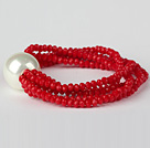 Nice Multilayer Faceted Red Jade Crystal And Round White Seashell Beaded Stretch Bracelet