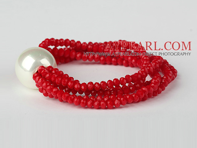 Nice Multilayer Faceted Red Jade Crystal And Round White Seashell Beaded Stretch Bracelet