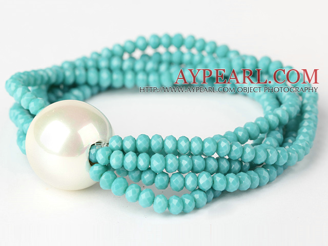 Fashion Multilayer Faceted Green Jade Crystal And Round White Seashell Beads Stretch Bracelet
