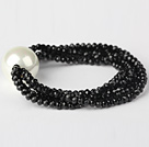 Nice Multilayer Faceted Black Jade Crystal And Round White Seashell Beaded Stretch Bracelet