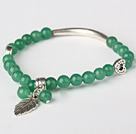 Wholesale Beautiful Round Green Jade and Tibet Silver Tube Heart Leaf Charm Beads Bracelet