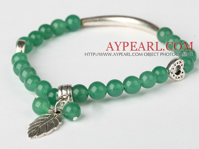 Vakker Rund Grønn Jade og Tibet Silver Tube Hjerte Leaf Charm perler armbånd