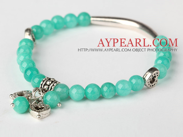 Beautiful Round Green Jade and Tibet Silver Tube Heart Charm Beads Bracelet