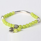 Nice Round Yellow Olive Jade and Tibet Silver Tube Heart Charm Beaded Bracelet