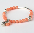 Wholesale Nice Round Orange Red Jade and Tibet Silver Tube Heart Charm Beaded Bracelet