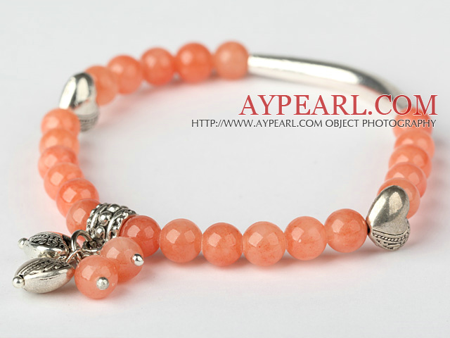 Trevlig Runda Orange Röd Jade och Tibet Silver Tube Heart Charm Beaded Bracelet
