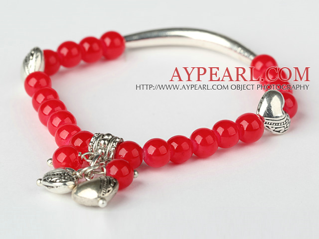 Pretty Round Red Jade og Tibet Silver Tube hjerte sjarm Beaded armbånd