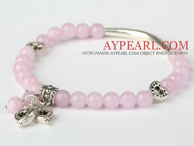 Nice Round Pink Jade and Tibet Silver Tube Heart Charm Beaded Bracelet