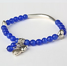 Wholesale Fashion Round Deep Blue Cats Eye and Tibet Silver Tube Heart Charm Beaded Bracelet