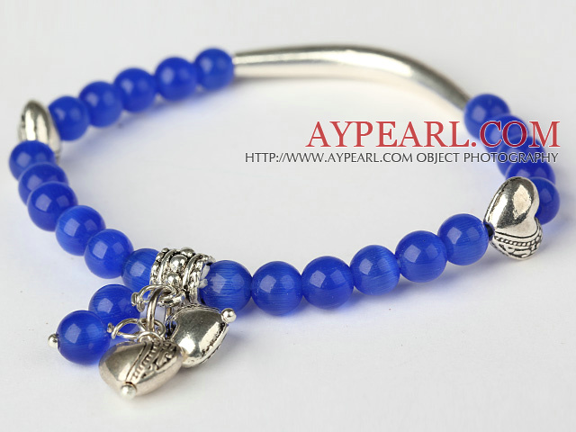Fashion Round Deep Blue Cats Eye and Tibet Silver Tube Heart Charm Beaded Bracelet
