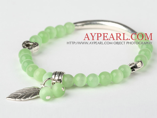 Fashion Round Apple Green Cats Eye and Tibet Silver Tube Heart Leaf Charm Beaded Bracelet