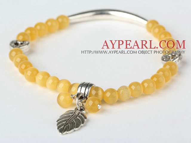 Vakker Round Yellow Cats Eye og Tibet Silver Tube Hjerte Leaf Charm Beaded armbånd