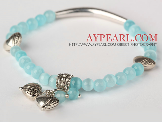 Trevlig runda Sky Blue Cats Eye och Tibet Silver Tube Heart Charm Beaded Bracelet