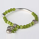 Wholesale Nice Round Olive Green Cats Eye and Tibet Silver Tube Heart Charm Beaded Bracelet