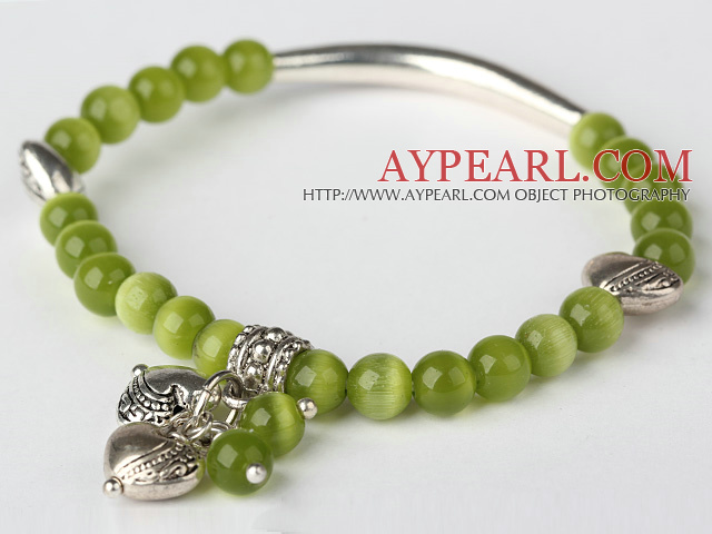 Trevlig runda Olive Green Cats Eye och Tibet Silver Tube Heart Charm Beaded Bracelet