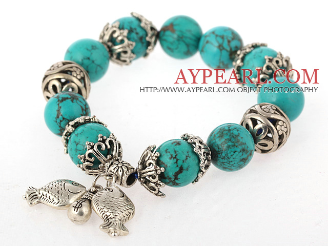 Fashion Round Burst Pattern Green Turquoise Bangle Bracelet With Tibet Silver Fish Lucky Bag Accessories