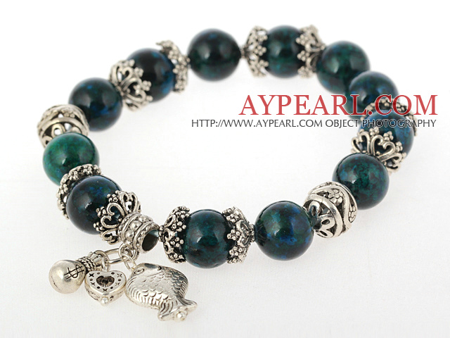 Fashion Round Phoenix Stone Beaded Bangle Bracelet With Tibet Silver Fish Lucky Bag Accessories