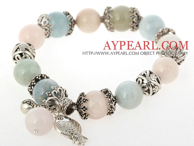 Schöne Multi Color Runde Morganit Stein Perlen -Armband mit Tibet Silber Fisch glückliche Tasche Zubehör