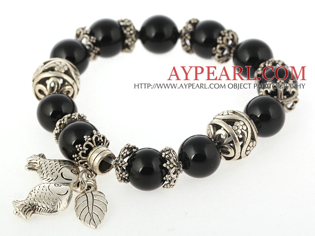 Nice Round Black Agate Beaded Bangle Bracelet With Tibet Silver Fish Leaf Accessories