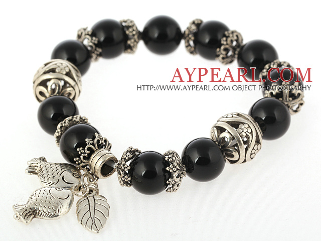 Belle ronde agate noire perlée Bracelet jonc Avec Tibet poissons argentés Accessoires Feuille