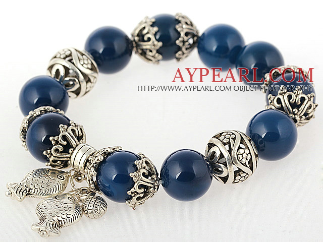 Nice Round Blå Agate Beaded Bangle armbånd med Tibet Silver Fish Lucky Bag Tilbehør