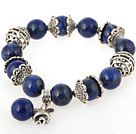 Trevlig runda Lapis Beaded Bangle armband med Tibet silver lock Charm Tillbehör