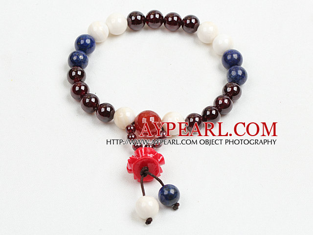 Fashion Lapis Garnet White Seashell Beads Elastic Rosary/Prayer Bracelet