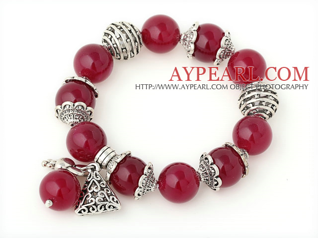 Nizza 14mm Round Rose Agate Perlen -Armband mit Tibet Silber Kaninchen Ball Cap Charm Zubehör