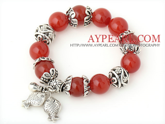 Belle 14mm rond orange agate rouge perlé le bracelet avec le Tibet poissons argentés chapeau de boule accessoires de charme