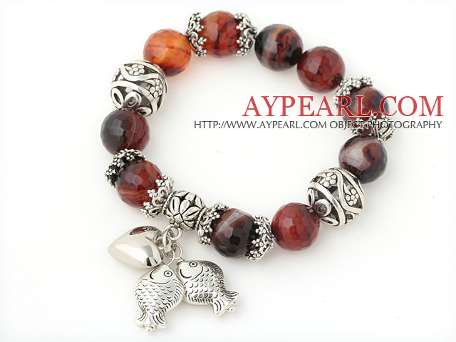 Fashion Faceted Round Agate Beaded Bracelet With Tibet Silver Fish Ball Cap Charm Accessories