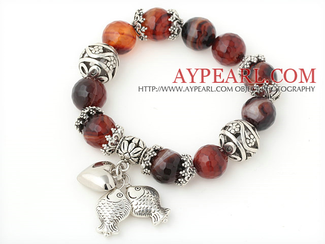 Mode à facettes ronde Agate bracelet perlé Avec Tibet poissons argentés chapeau de boule accessoires de charme