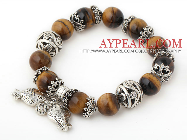 Fashion Round Tiger Eye Beaded armbånd med Tibet Silver Fish Ball Cap Charm Tilbehør