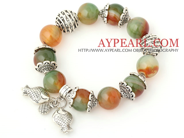 Nice Big Round Peacock Agate Beaded Bracelet With Tibet Silver Fish Ball Cap Charm Accessories