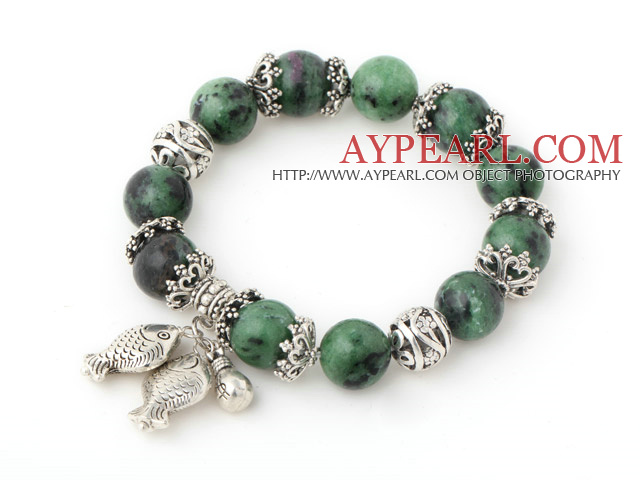 Nice Round Red-Green Zoisite Beaded Bracelet With Tibet Silver Fish Ball Cap Charm Accessories