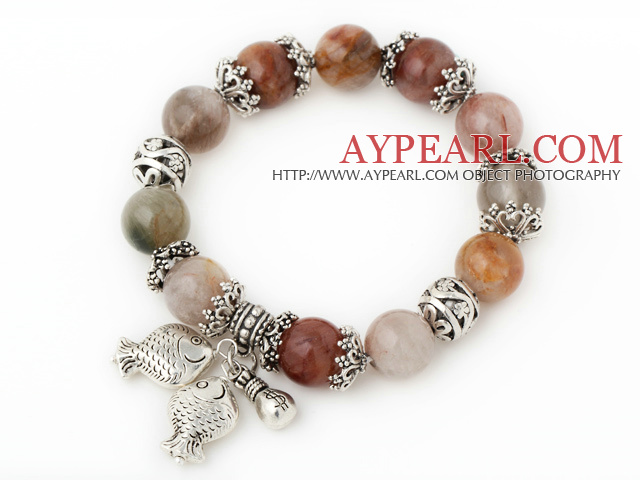 Pretty Round Colorful Quartz Beaded Bracelet With Tibet Silver Fish Ball Cap Charm Accessories
