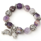 Pretty Big Round Frost Amethyst Beaded Bracelet With Tibet Silver Fish Ball Cap Charm Accessories