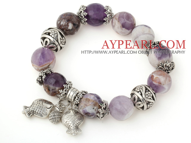 Pretty Big Round Frost Amethyst Beaded Bracelet With Tibet Silver Fish Ball Cap Charm Accessories