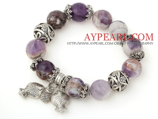 Destul de mare rotund Frost Amethyst margele brățară cu Tibet Silver Fish Ball Cap Charm Accesorii