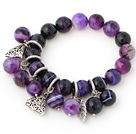 Fashion Faceted Round Purple Banded Agate Beaded Bracelet With Tibet Silver Leaf Triangle Charm Accessories