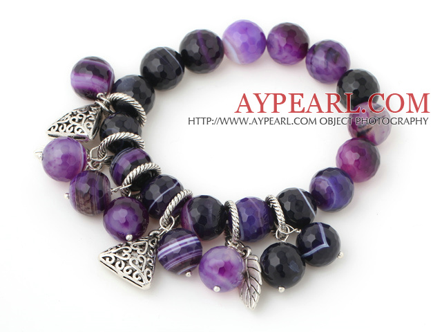 Fashion Faceted Round Purple Banded Agate Beaded Bracelet With Tibet Silver Leaf Triangle Charm Accessories