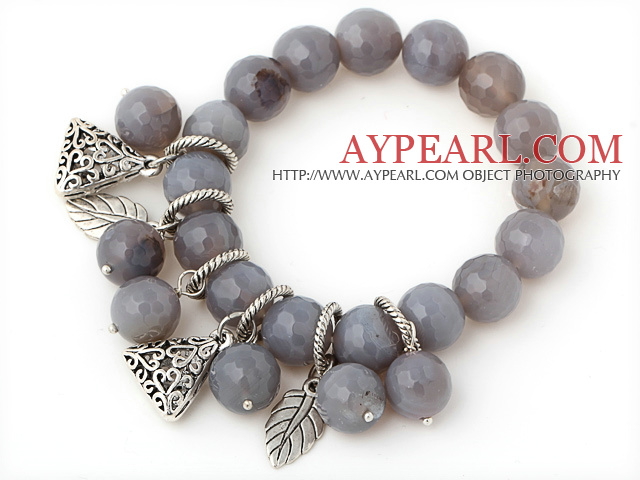 Fashion 12mm Faceted Round Gray Agate Beaded Bracelet With Tibet Silver Triangle Leaf Charm Accessories
