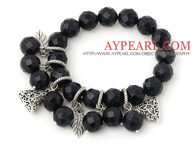 Fashion Faceted Round Blue Sand Stone Beaded Bracelet With Tibet Silver Leaf Triangle Charm Accessories